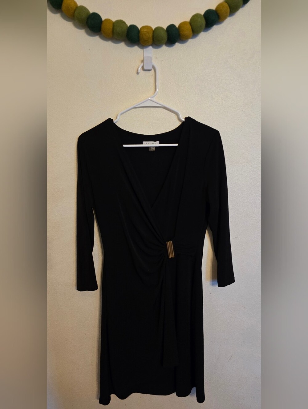 Calvin Klein Wrap Dress Women's Size 8 Black 3/4 Sleeve Ruched Classic LBD!